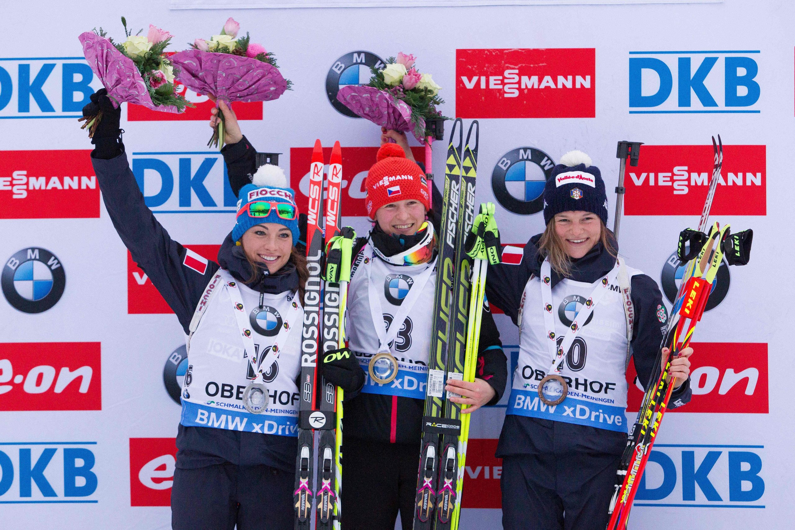 Il podio della sprint femminile di Biathlon.