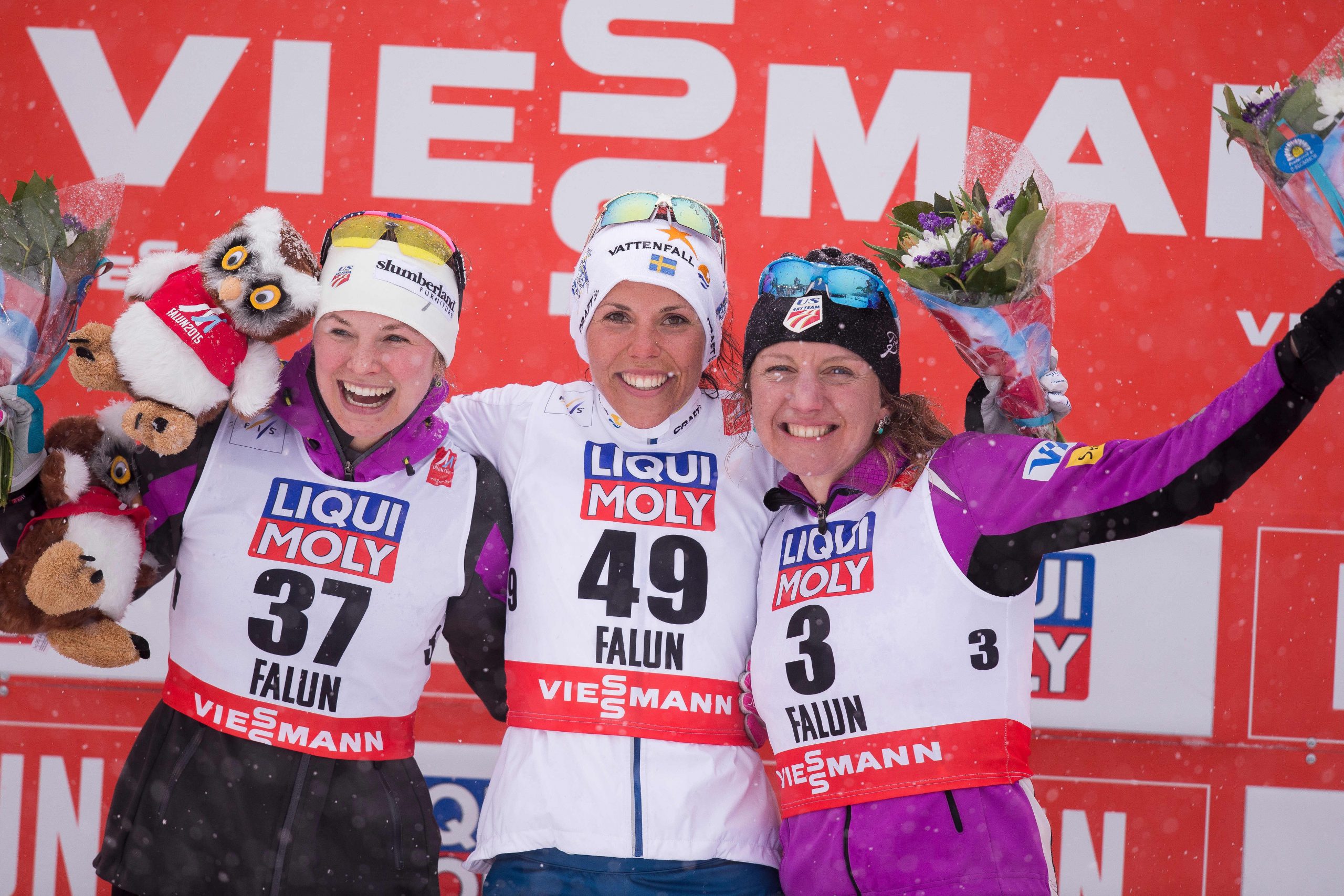 Il podio della 10 km: Diggins, Kalla e Gregg